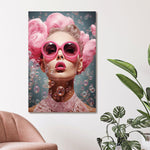 Glasschilderij vrouw roze haar en zonnebril 80x120 cm