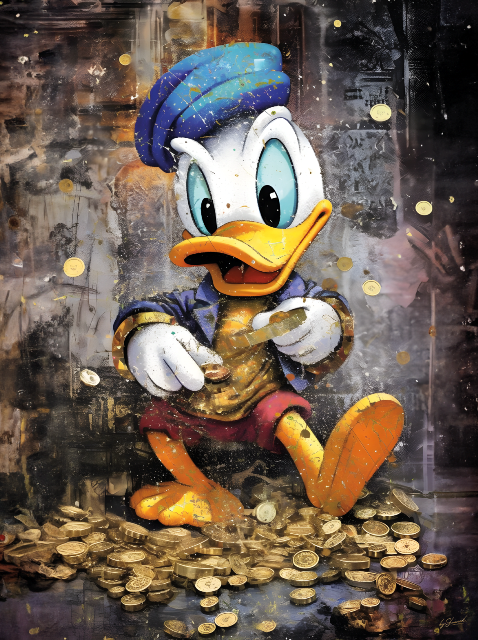 Glasschilderij Donald Duck goudstukken 60x80 cm
