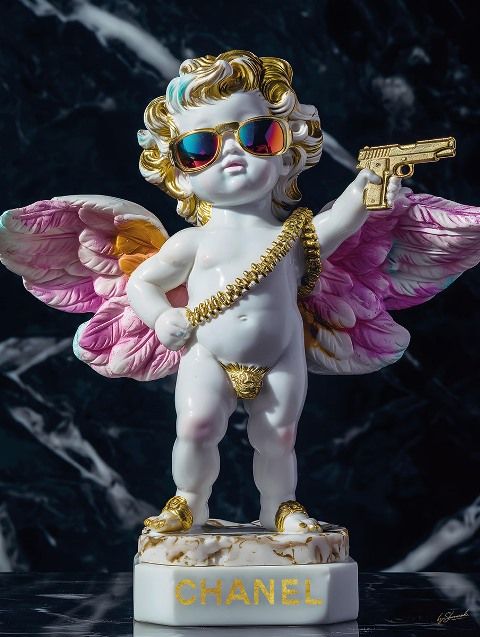 Glasschilderij Chanel Angel with golden gun 60x80 cm