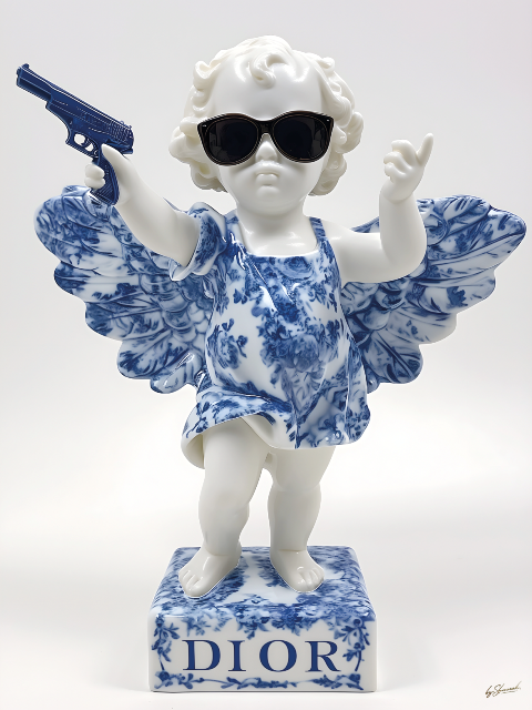 Glasschilderij Dior Angel with gun 60x80 cm