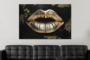 Glasschilderij gouden lippen zwarte achtergrond 120x80 cm