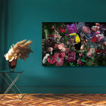 Glasschilderij Toekan omringd door bloemen 120x80 cm