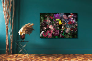 Glasschilderij Toekan omringd door bloemen 120x80 cm