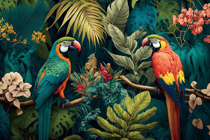 Glasschilderij gekleurde papegaaien in de jungle met 3D reliëf 120x80 cm