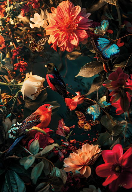 Glasschilderij Jungle met vlinders en paradijs vogels 80x120 cm
