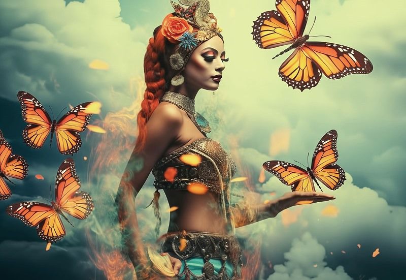 Glasschilderij Vrouw & vlinders in de wolken kleurrijk 160x110 cm