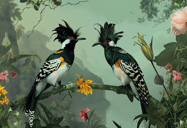 Glasschilderij twee paradijs vogels in de jungle 160x110 cm