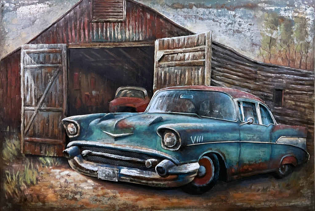 3D schilderij metaal blauwe chevrolet retro 120x80 cm