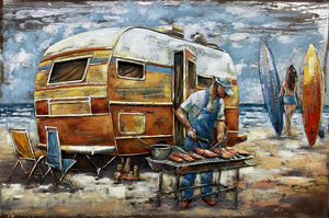 3D schilderij caravan bbq op het strand met surfplanken 120x80 cm